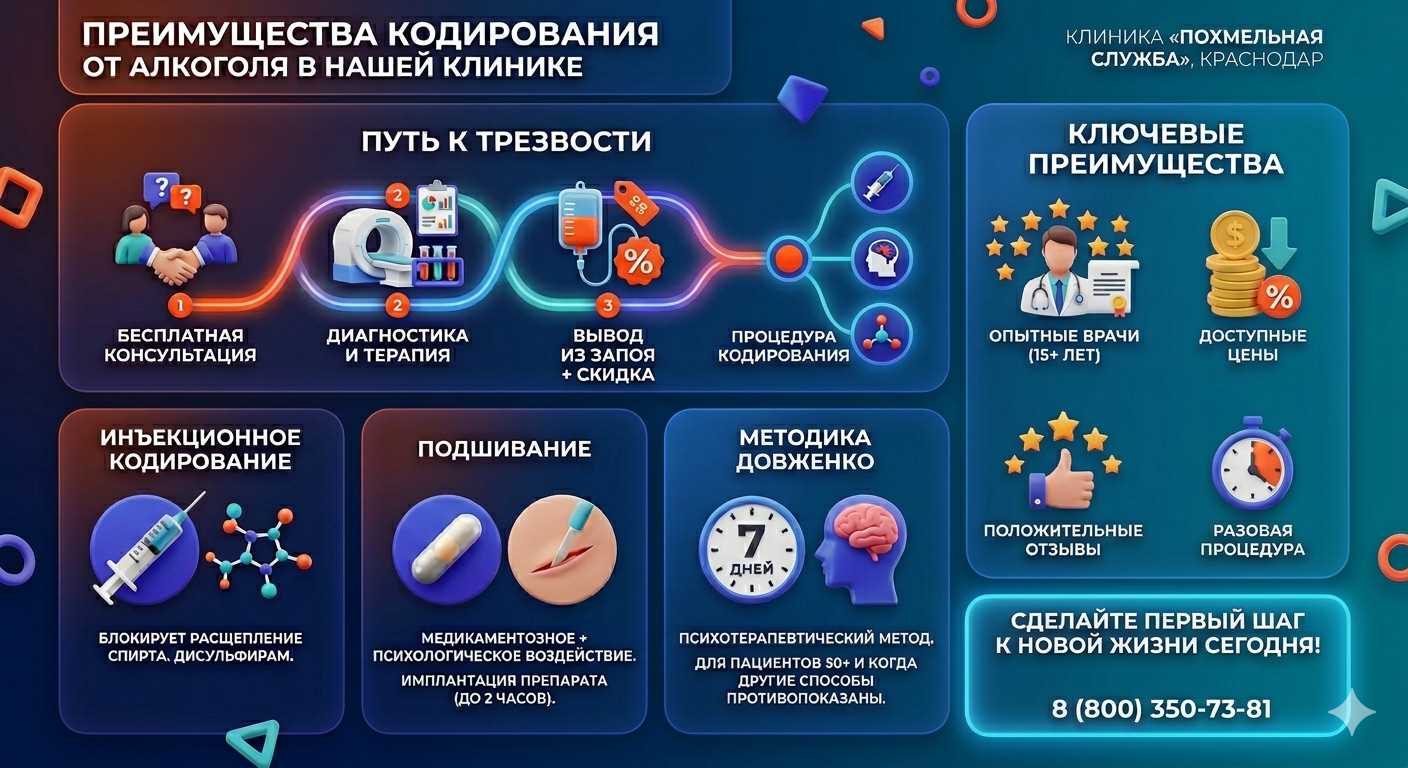 Инфографика о методах кодирования от алкоголя в Буздяке: инъекции, подшивание, метод Довженко. Преимущества клиники и этапы лечения.