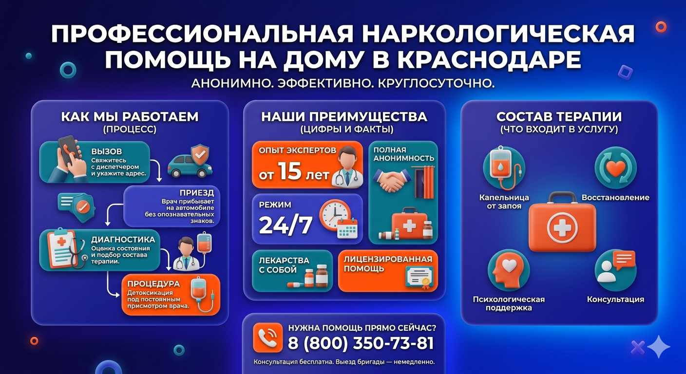 Инфографика о принципах лечения алкоголизма на дому в Буздяке: этапы вызова нарколога, преимущества анонимной детоксикации и состав медицинской помощи.